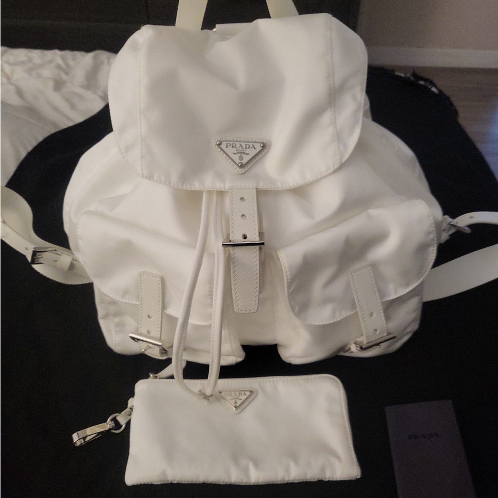 Prada Elegant White Backpack with Pouch